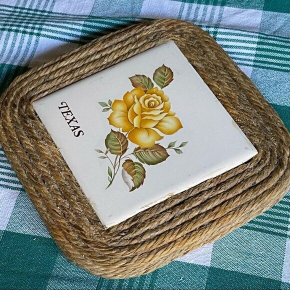 Handcrafted Texas Yellow Rose Ceramic Tile Jute Composite Board Trivet Decor - Picture 4 of 8